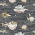 Pattern of stylized fish on a dark gray background