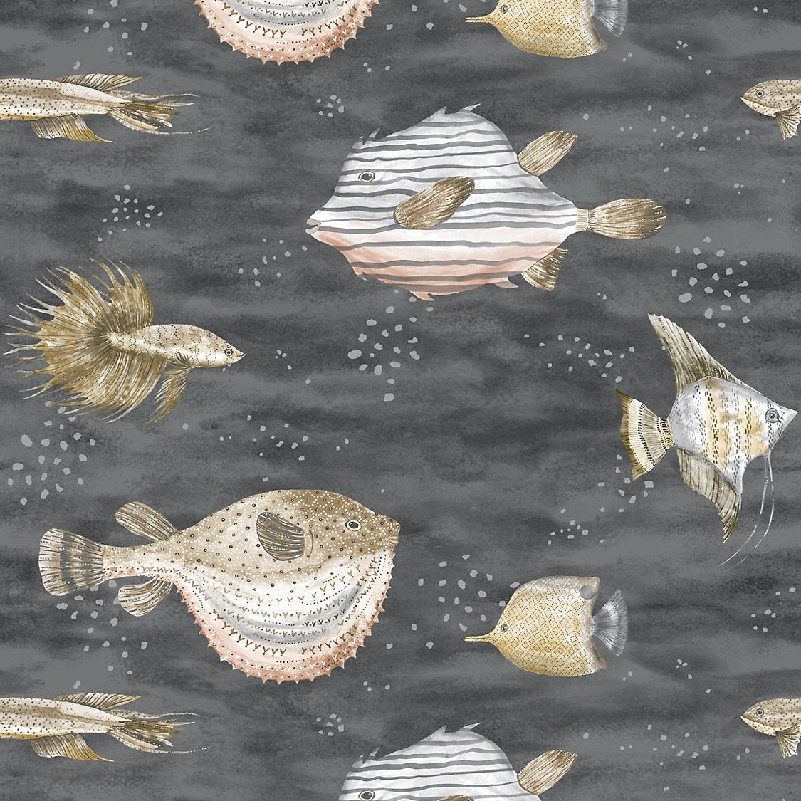 Pattern of stylized fish on a dark gray background