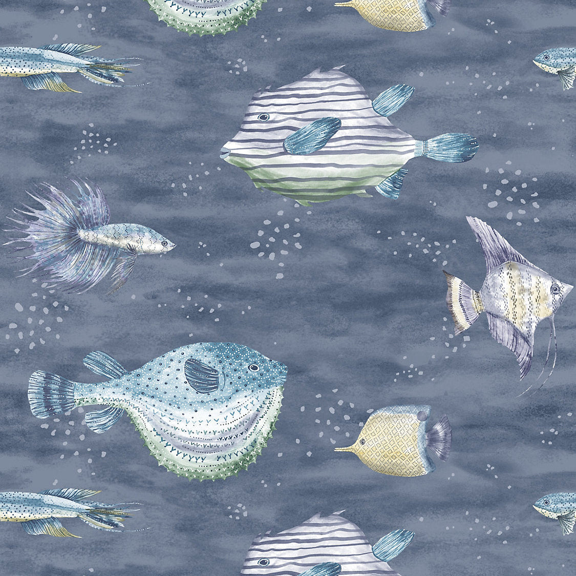 Pattern of stylized fish on a dark blue background