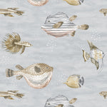 A repeating watercolor-style fish pattern on a pale gray background, featuring striped and spotted tropical fish in muted beige, gray, brown, and soft pink tones.