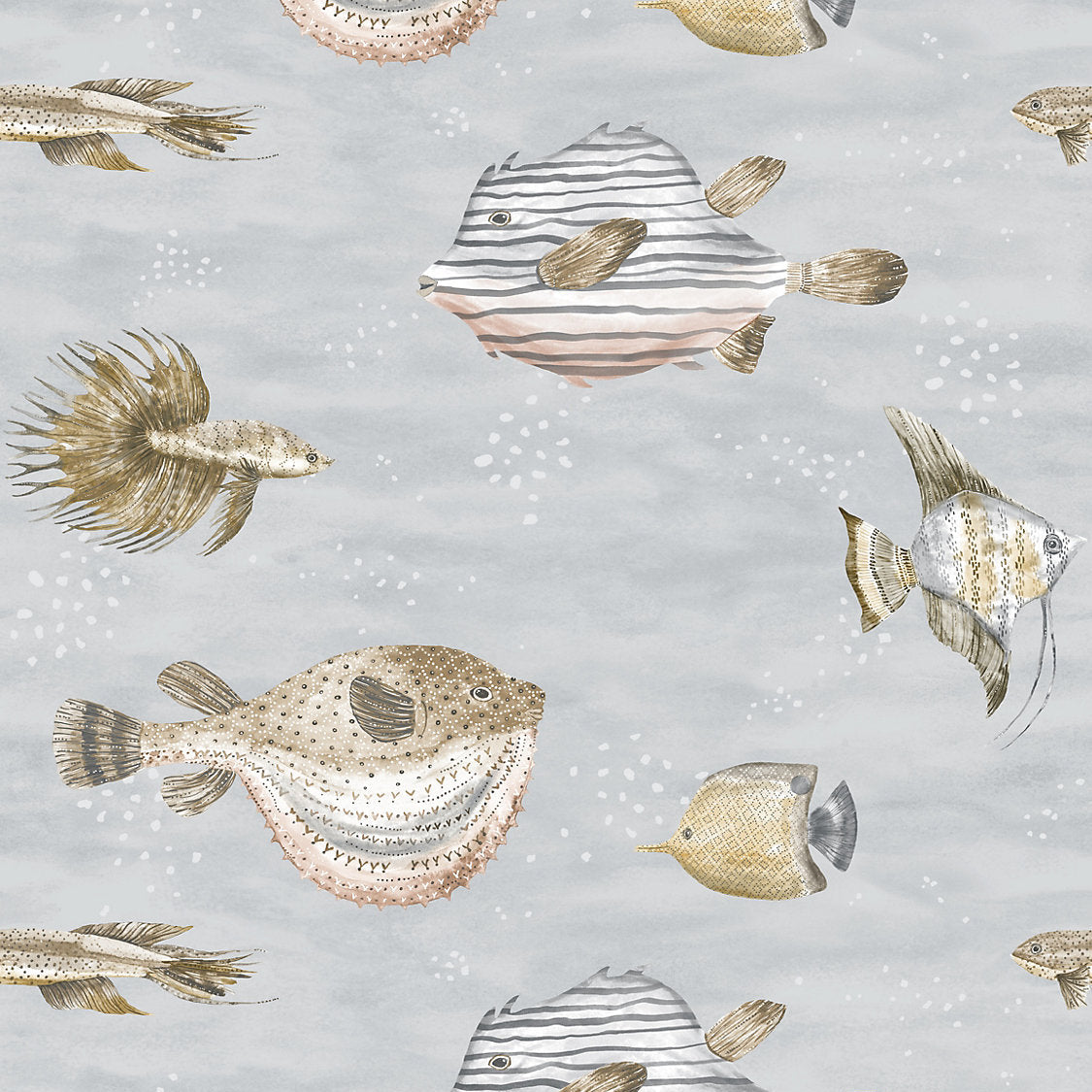 A repeating watercolor-style fish pattern on a pale gray background, featuring striped and spotted tropical fish in muted beige, gray, brown, and soft pink tones.