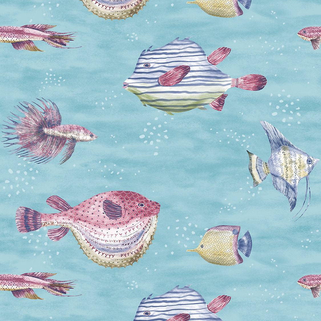 A repeating watercolor-style pattern of tropical fish swimming on a light aqua blue background with subtle white speckles. The fish include pinkish-red pufferfish, striped blue-and-white angelfish, yellow tangs, and other small reef fish.