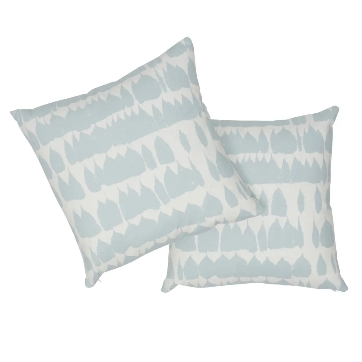 Two decorative pillows with a geometric pattern on a white background