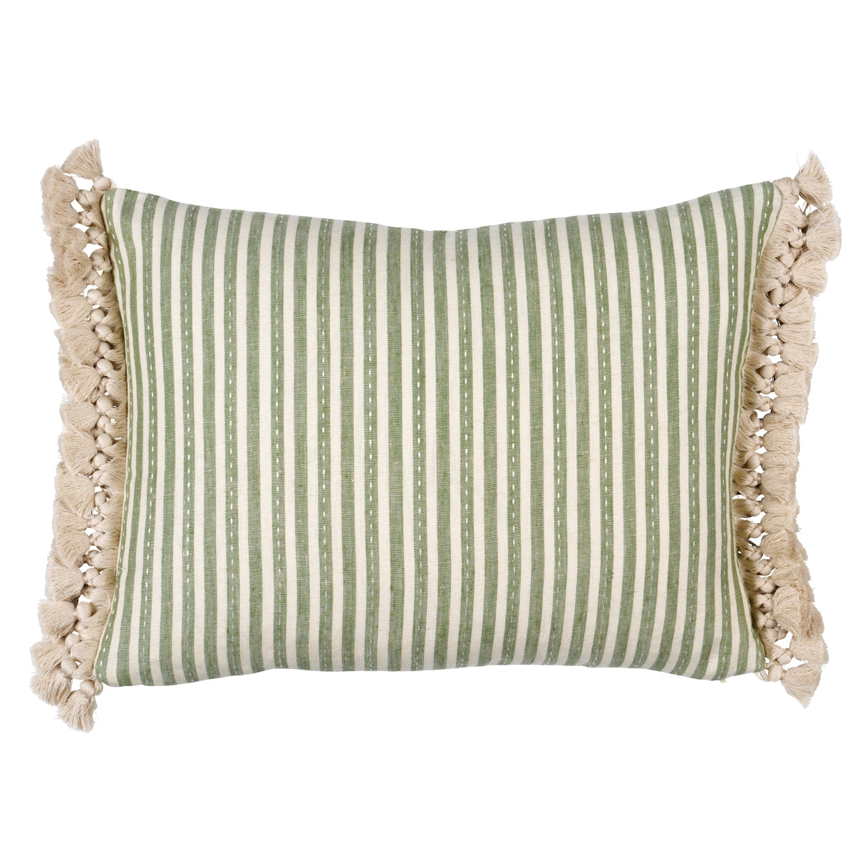 Green striped pillow with beige tassels on a white background