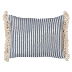 Blue and white striped pillow with tassels on a white background