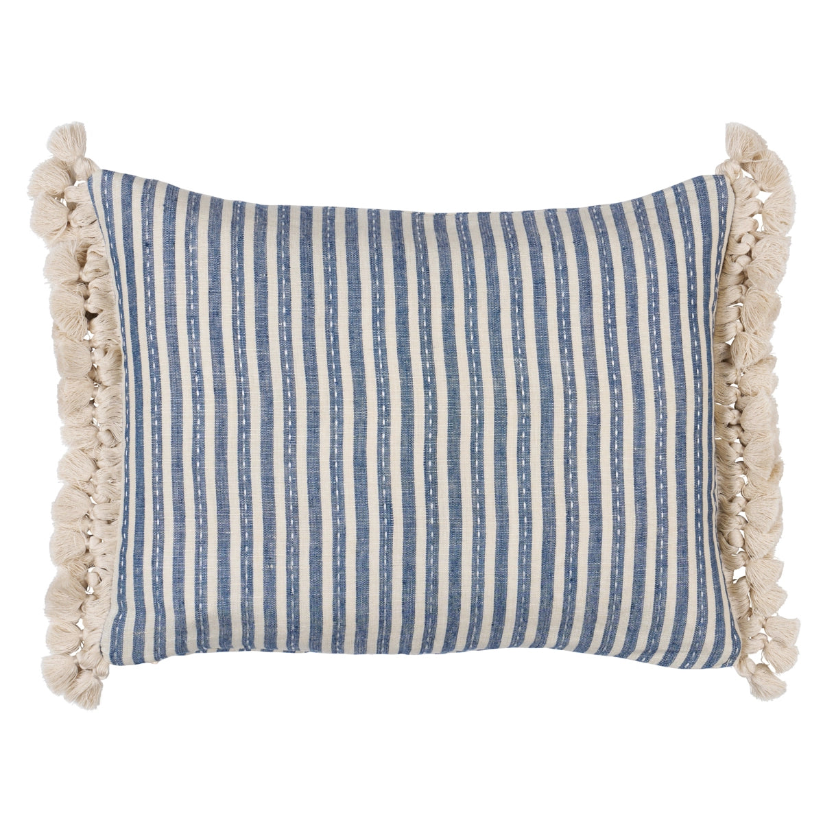 Blue and white striped pillow with tassels on a white background