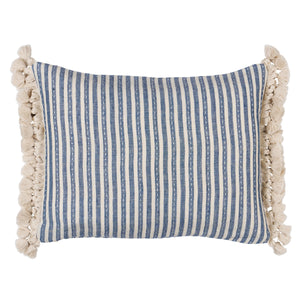 Blue and white striped pillow with tassels on a white background