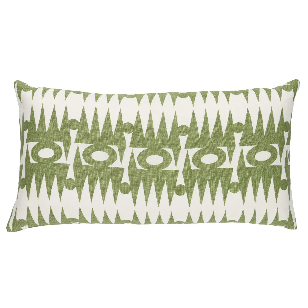 Green and white patterned pillow on a white background