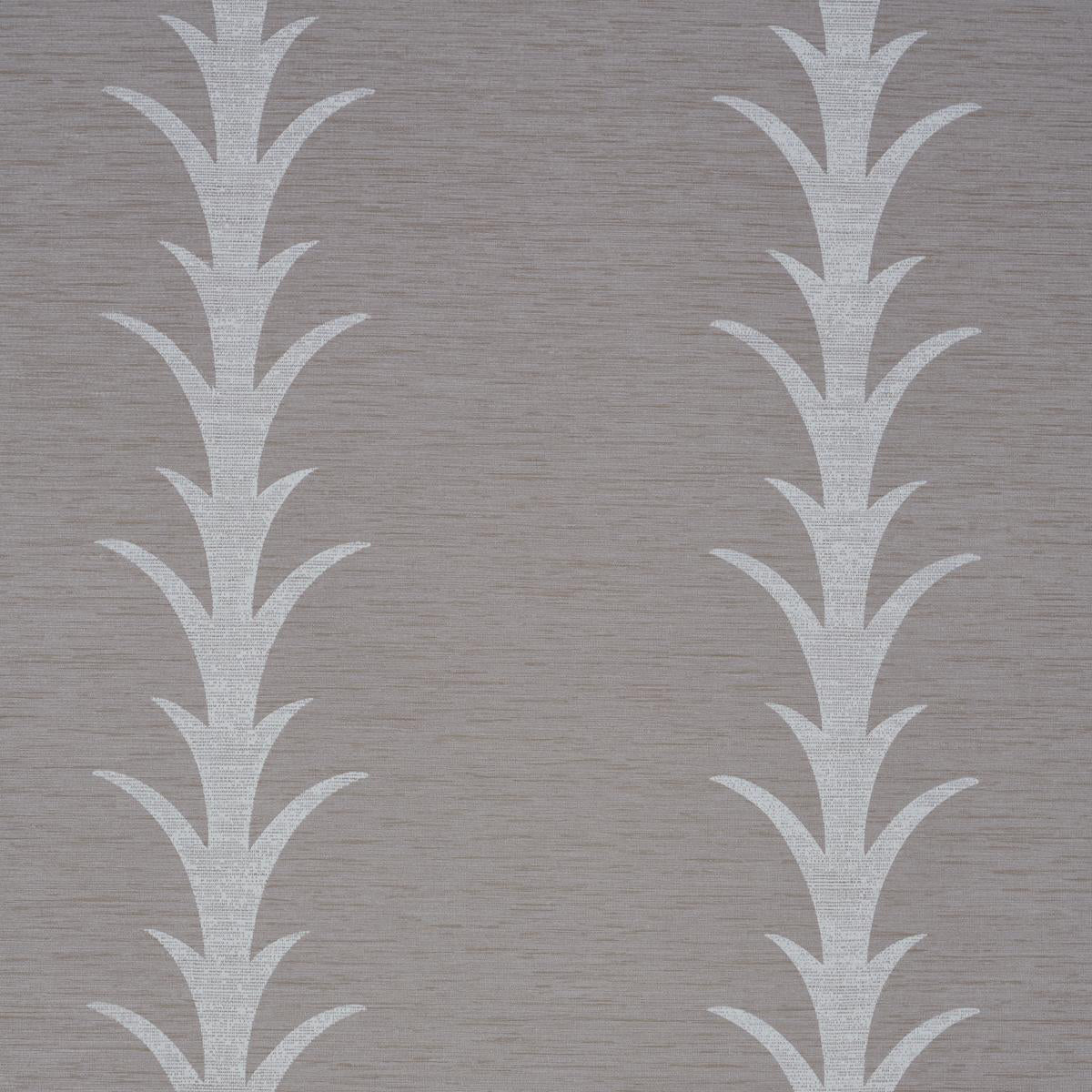 A section of grey wallpaper with a stylized stripe pattern based on a classic acanthus motif.