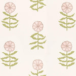 A wallpaper pattern with a series of scalloped petals in pink and green, arranged in rows.