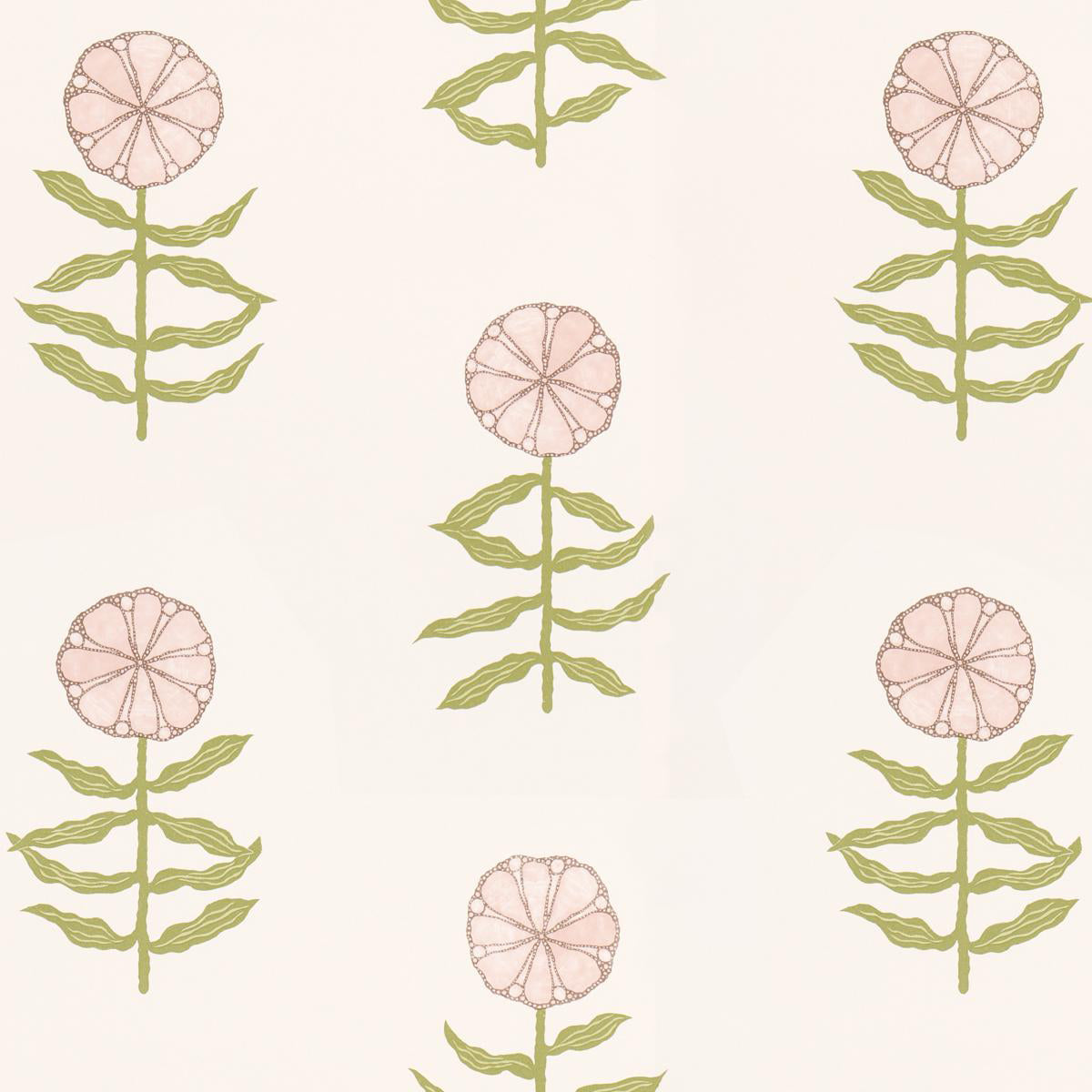 A wallpaper pattern with a series of scalloped petals in pink and green, arranged in rows.