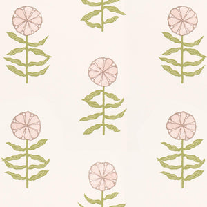 A wallpaper pattern with a series of scalloped petals in pink and green, arranged in rows.