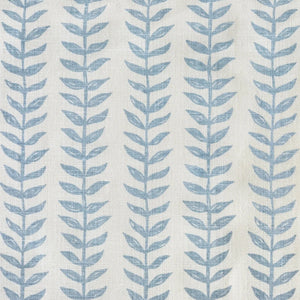 Pattern of blue leaves on a light fabric background