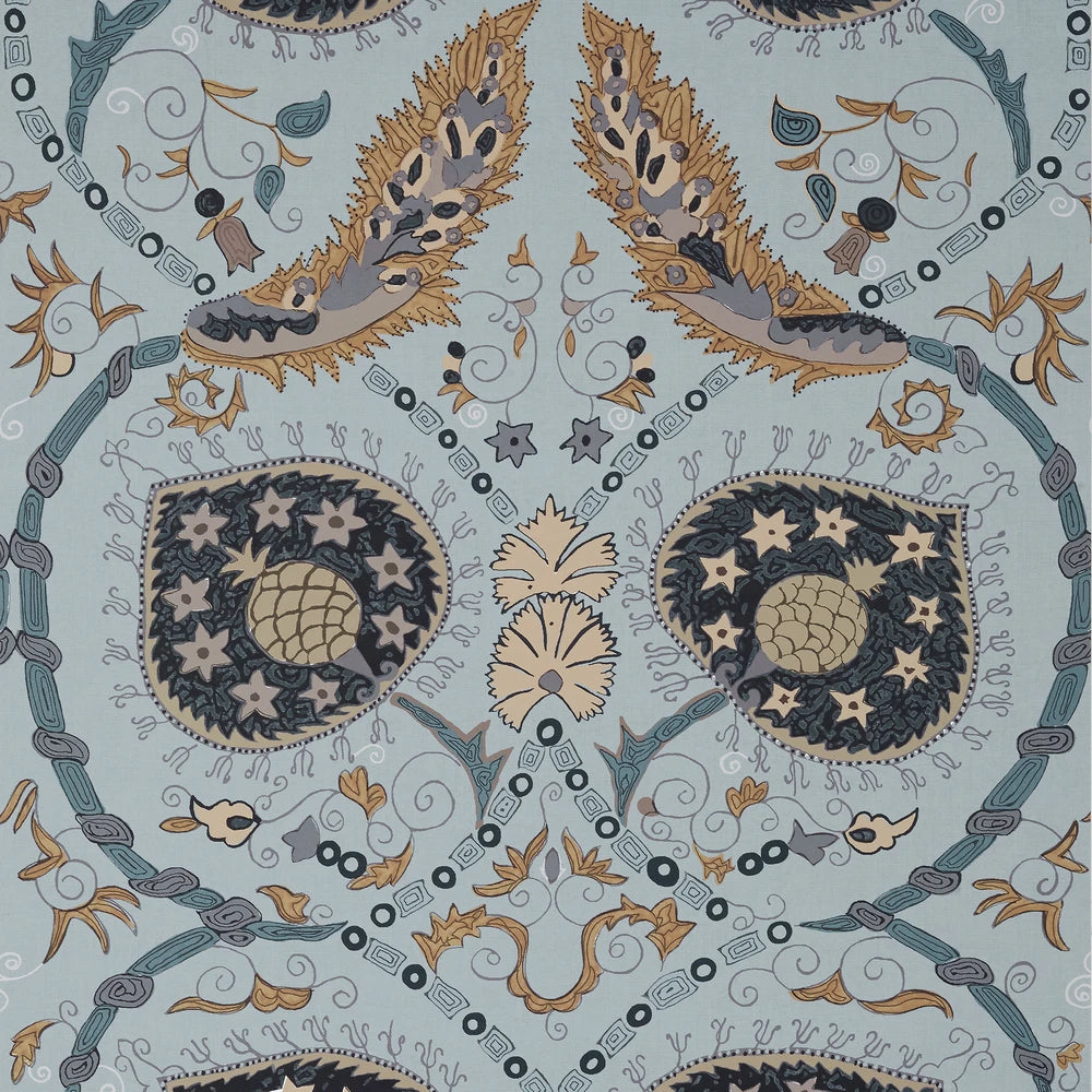 Decorative pattern with floral elements on a light blue background