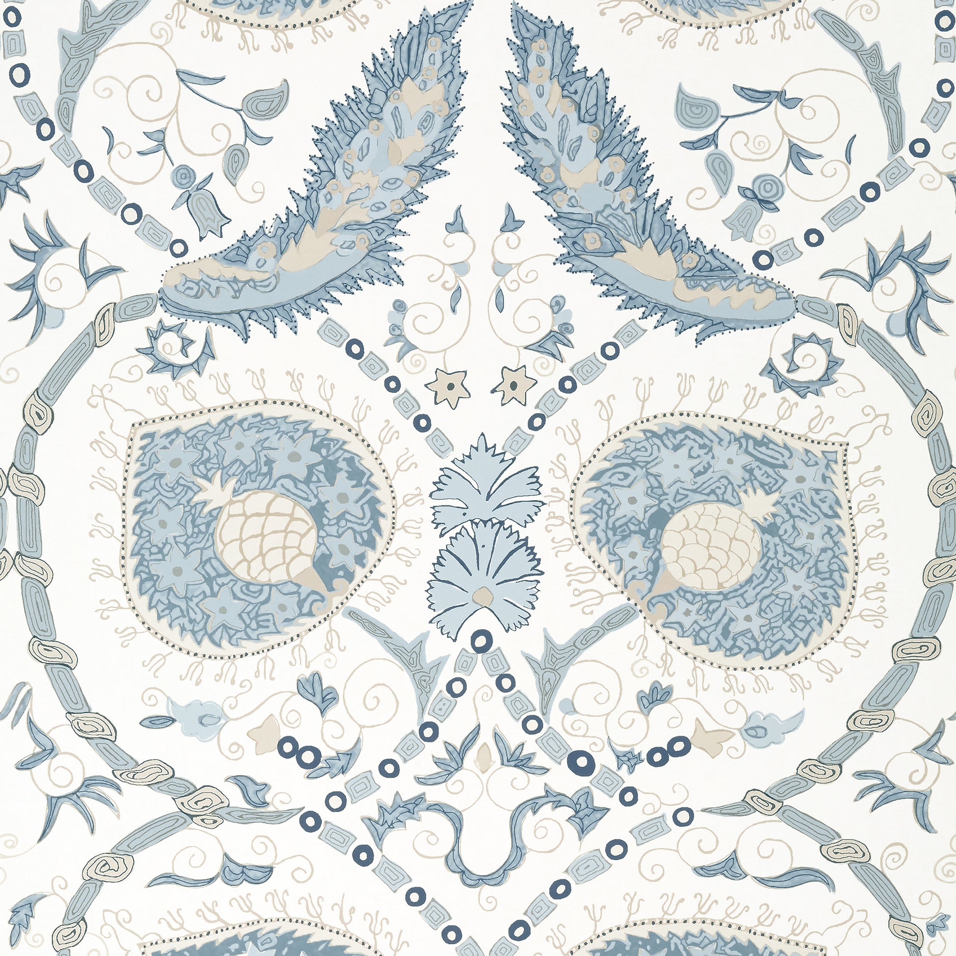 Decorative pattern with blue and beige elements on a white background