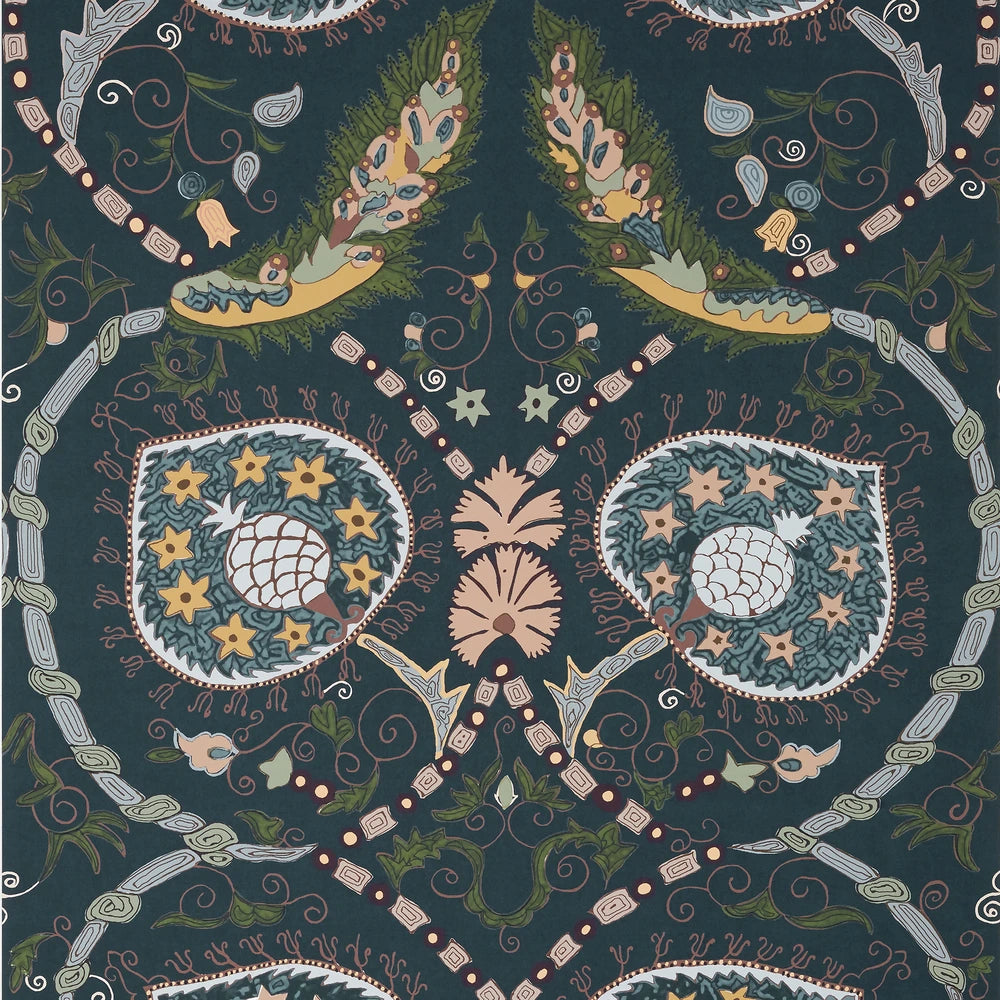 Decorative pattern with intricate designs on a dark background