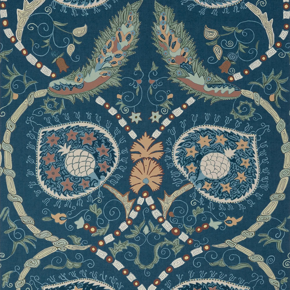 Decorative wallpaper pattern with floral elements on a blue background