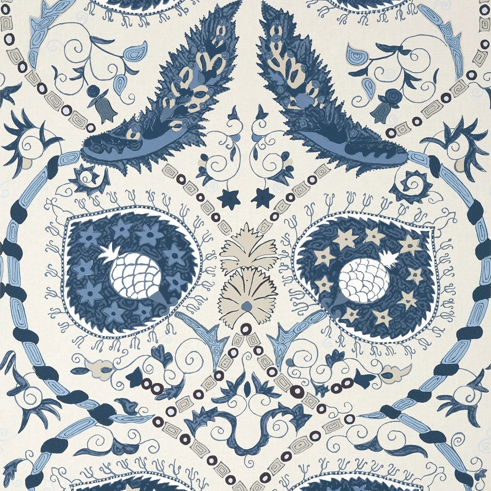 Decorative fabric pattern with blue and beige design elements