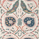 Decorative wallpaper pattern with peacock feathers and floral elements on a beige background