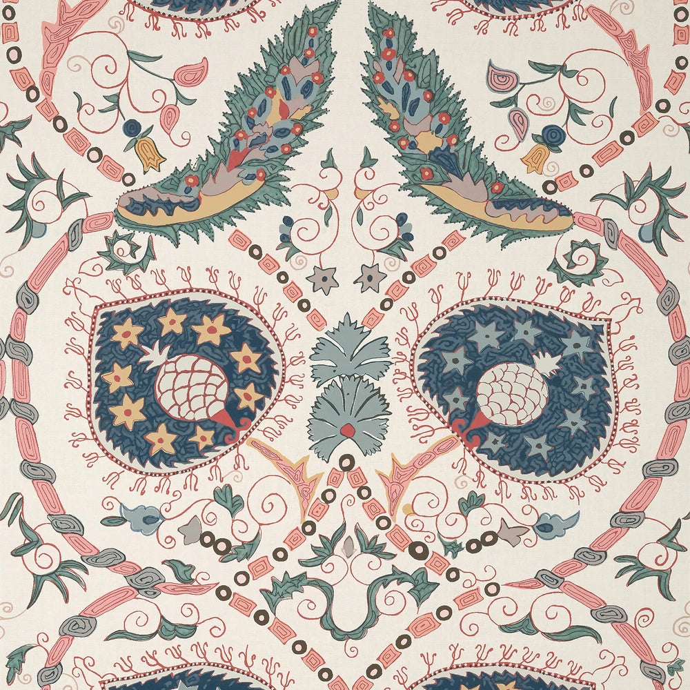 Decorative wallpaper pattern with peacock feathers and floral elements on a beige background