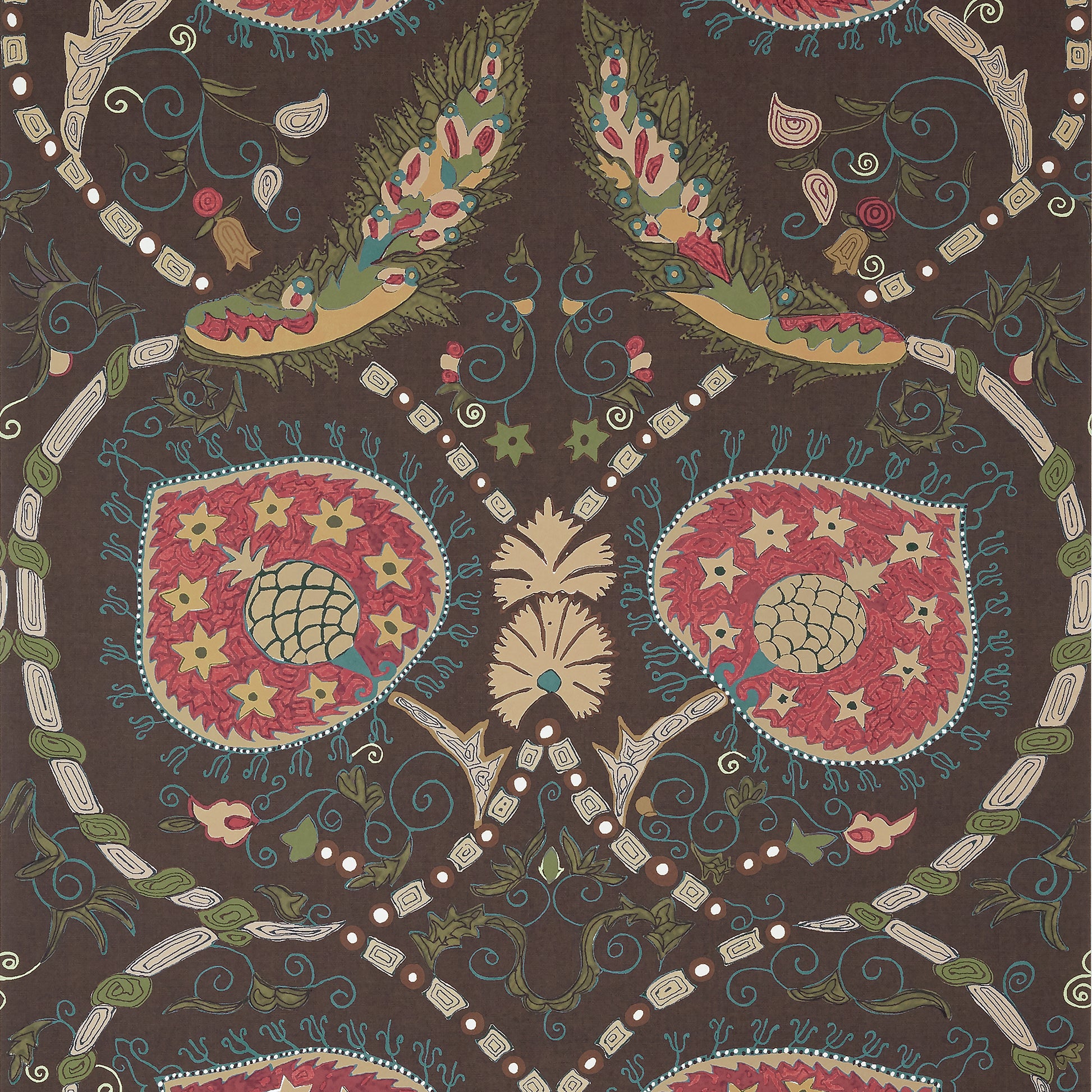 Decorative pattern with intricate designs on a brown background