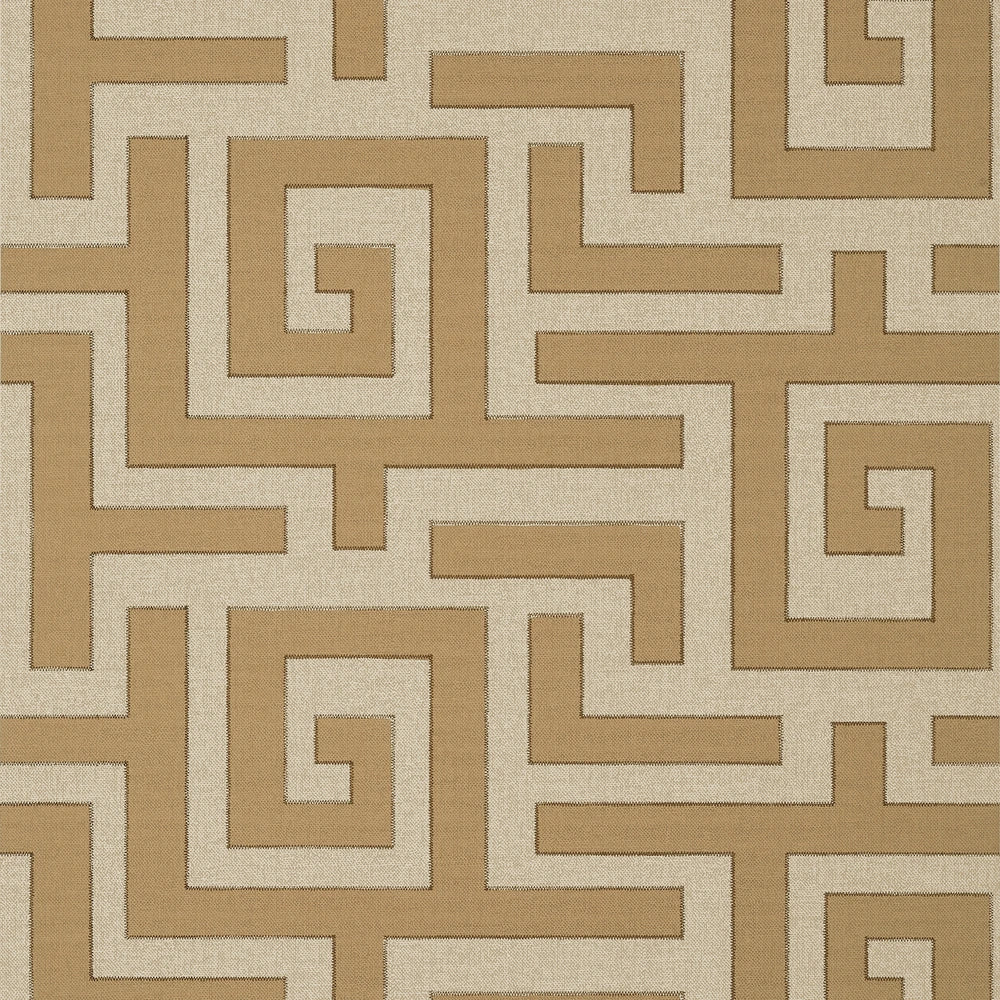 Patterned wallpaper with a geometric design in brown and beige.
