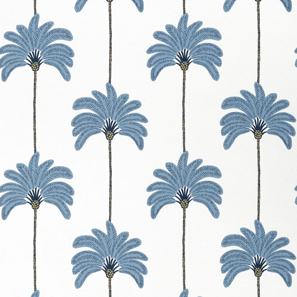 Pattern of blue palm trees on a white background