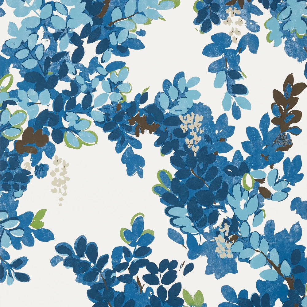 Floral pattern with blue and green leaves on a white background