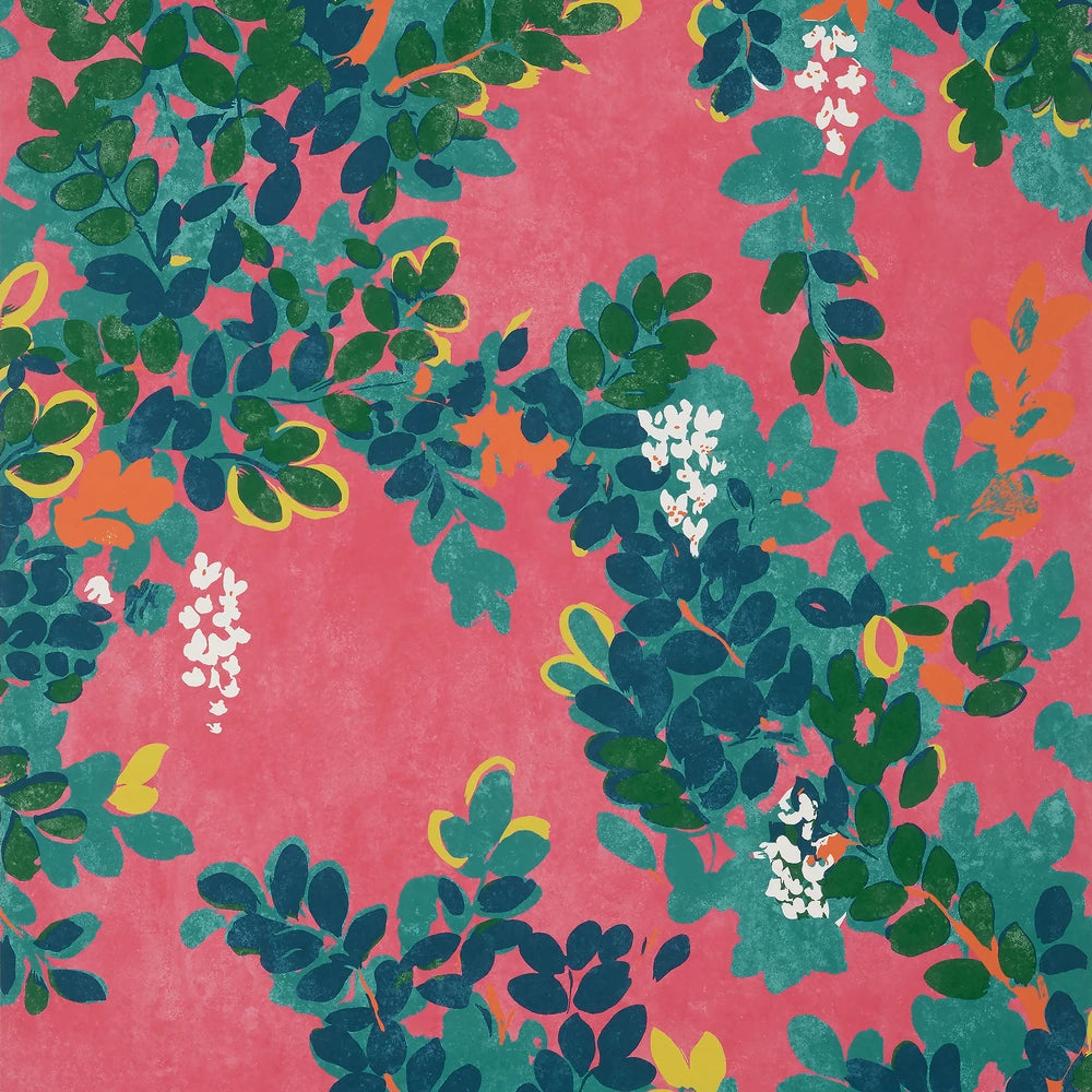 Floral pattern with green leaves and white flowers on a pink background