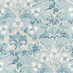 A repeating floral damask pattern in soft blue, mint green, and off-white on a warm beige background.