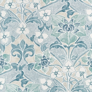 A repeating floral damask pattern in soft blue, mint green, and off-white on a warm beige background.