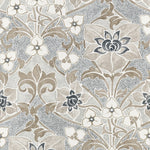 A repeating floral damask pattern in warm taupe, cream, and dark charcoal gray on a light gray background.