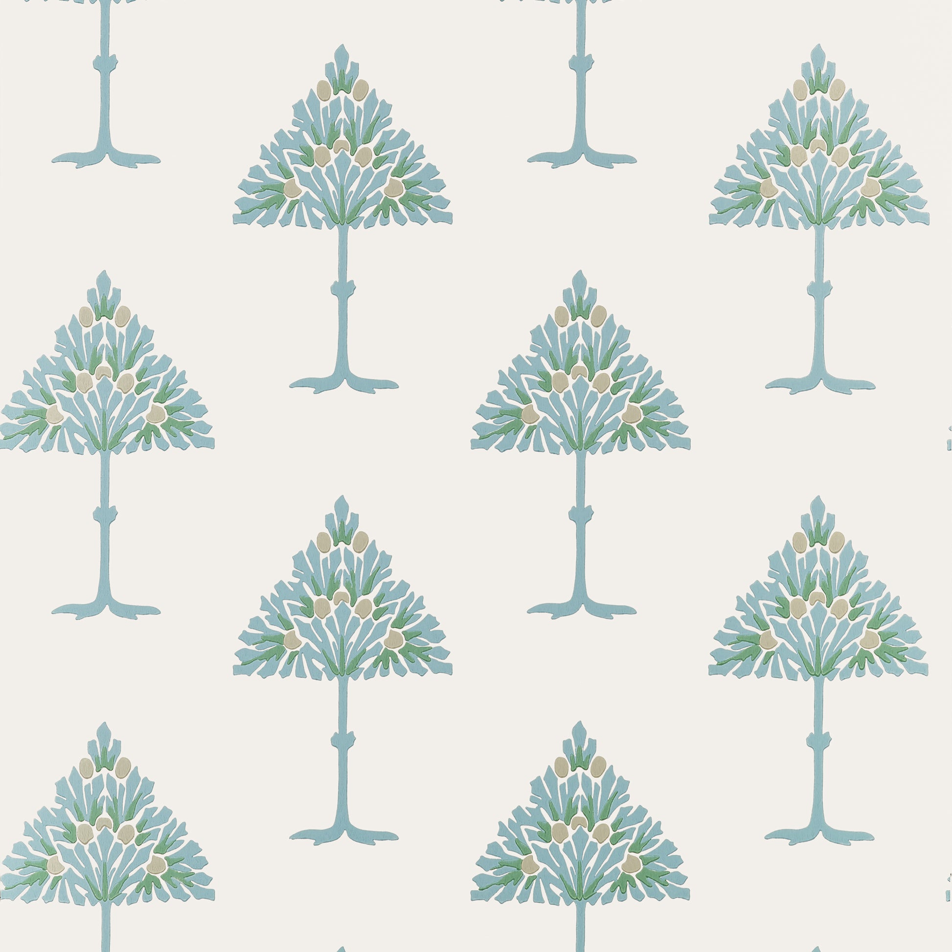 A repeating pattern of stylized tree motifs in muted blue-green and pale yellow on a warm off-white background.
