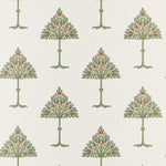 A repeating pattern of stylized trees with green foliage and small peach-pink berries on a warm off-white background.