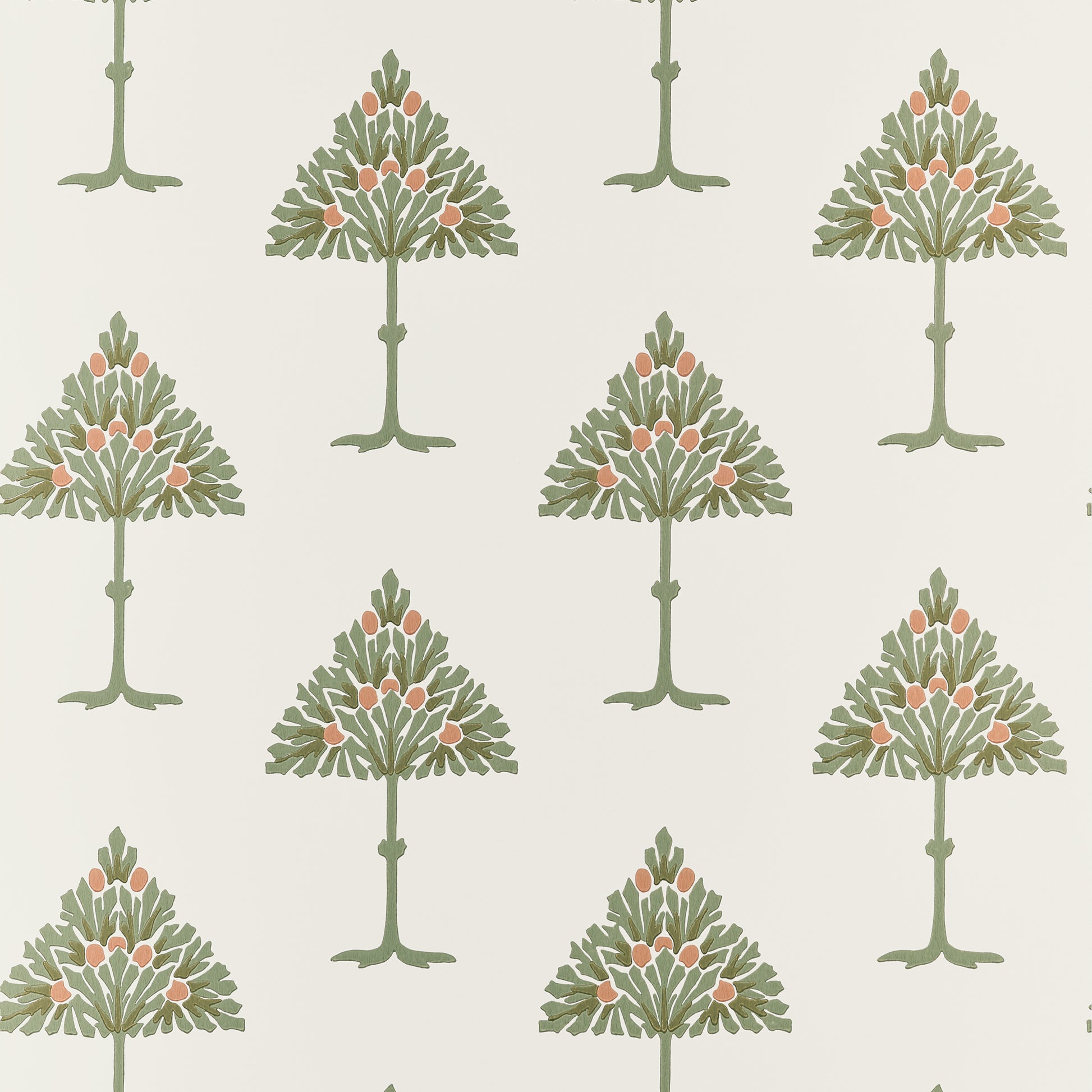 A repeating pattern of stylized trees with green foliage and small peach-pink berries on a warm off-white background.