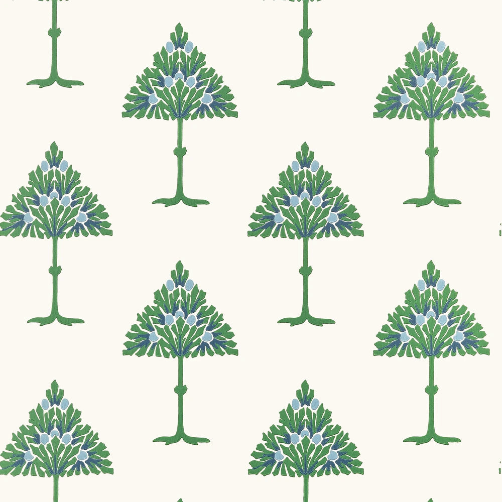 A repeating botanical pattern featuring stylized green trees with blue and white flowers on a warm off-white background.