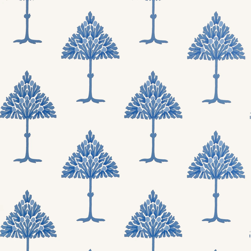 A repeating pattern of stylized blue trees on a warm off-white background.