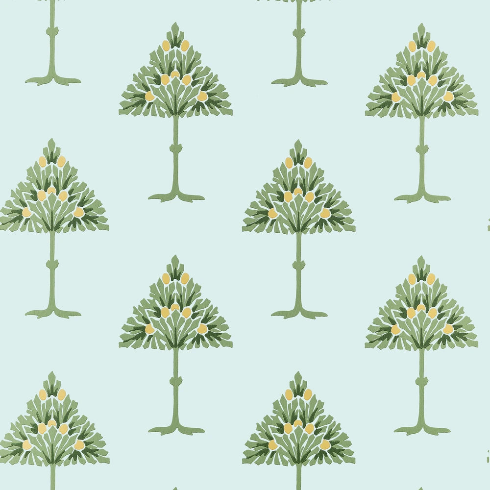 A repeating botanical pattern featuring stylized green trees with yellow flowers on a pale light blue background.