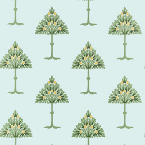 A repeating botanical pattern featuring stylized green trees with yellow flowers on a pale light blue background.