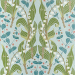 A repeating botanical pattern featuring green leaves, blue-green berries, and small white flowers on a pale blue background.