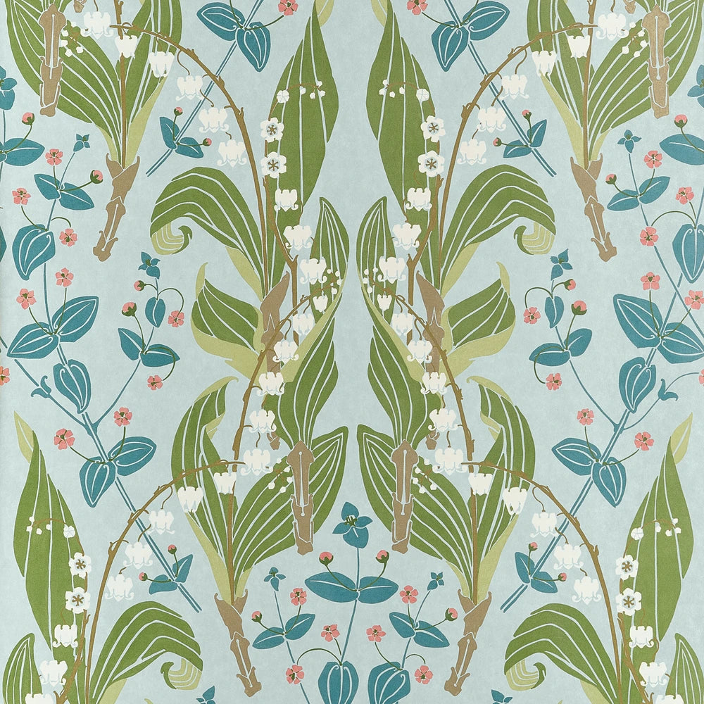 A repeating botanical pattern featuring green leaves, blue-green berries, and small white flowers on a pale blue background.