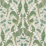 A repeating botanical pattern featuring tall green leaves, delicate white flowers, and small purple blossoms on a warm beige background.