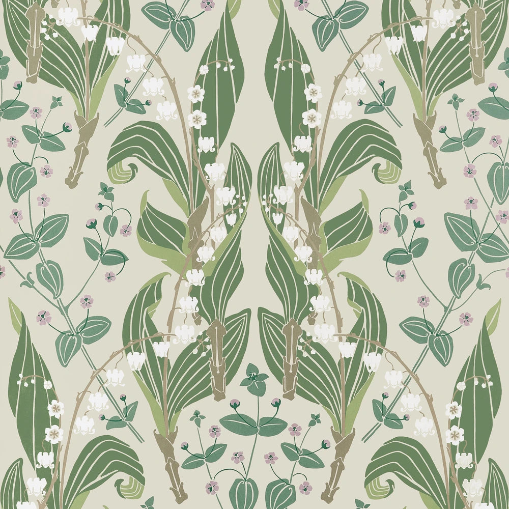 A repeating botanical pattern featuring tall green leaves, delicate white flowers, and small purple blossoms on a warm beige background.