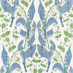 A repeating botanical pattern featuring blue lily-of-the-valley leaves, green vines, small white flowers, and tiny blue blossoms on an off-white background.