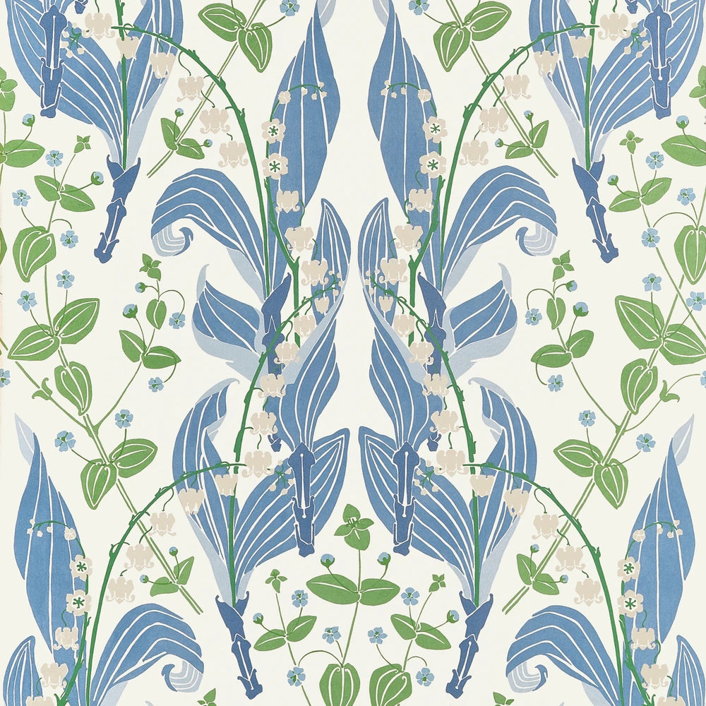 A repeating botanical pattern featuring blue lily-of-the-valley leaves, green vines, small white flowers, and tiny blue blossoms on an off-white background.