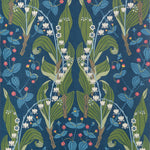 A repeating botanical pattern featuring green lily-of-the-valley leaves, blue flowers, and small pink and yellow accents on a deep blue background.