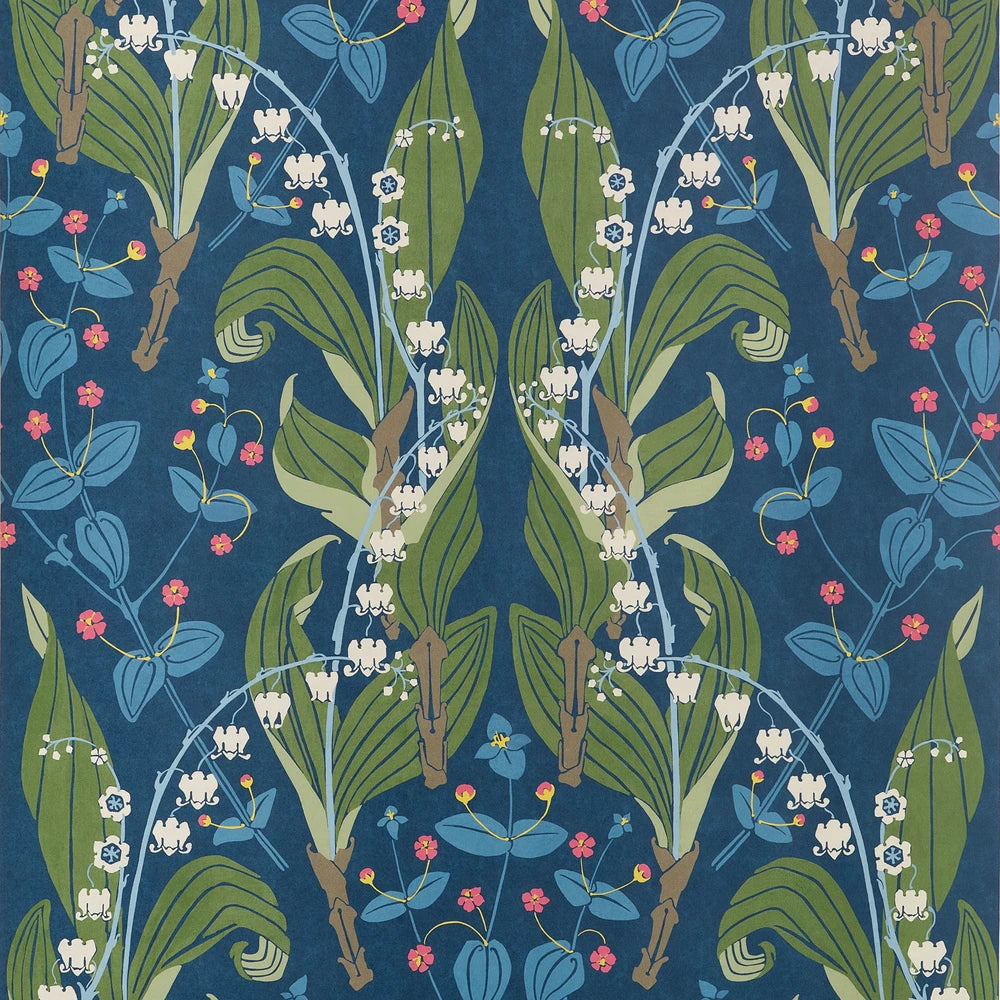 A repeating botanical pattern featuring green lily-of-the-valley leaves, blue flowers, and small pink and yellow accents on a deep blue background.