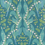 A repeating botanical pattern featuring lily of the valley flowers, green leaves, and small yellow blossoms on a teal blue background.
