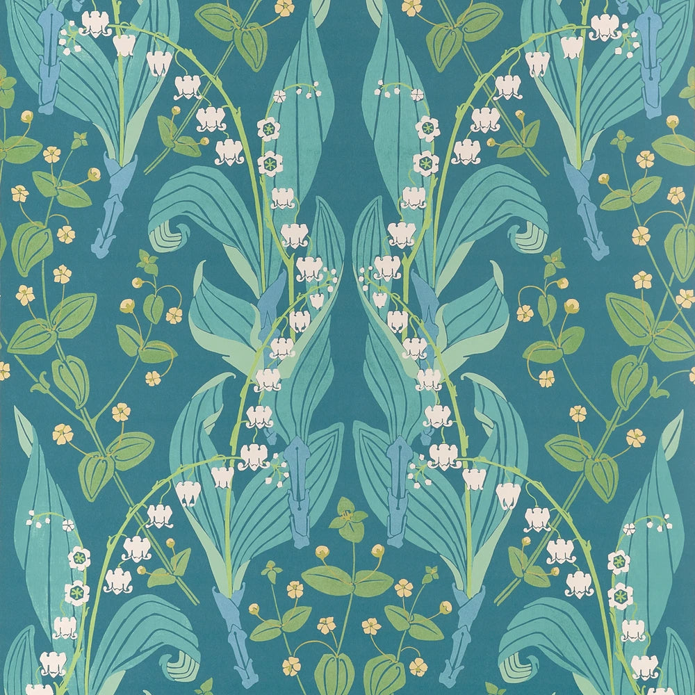 A repeating botanical pattern featuring lily of the valley flowers, green leaves, and small yellow blossoms on a teal blue background.