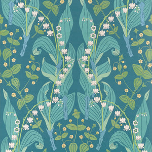 A repeating botanical pattern featuring lily of the valley flowers, green leaves, and small yellow blossoms on a teal blue background.